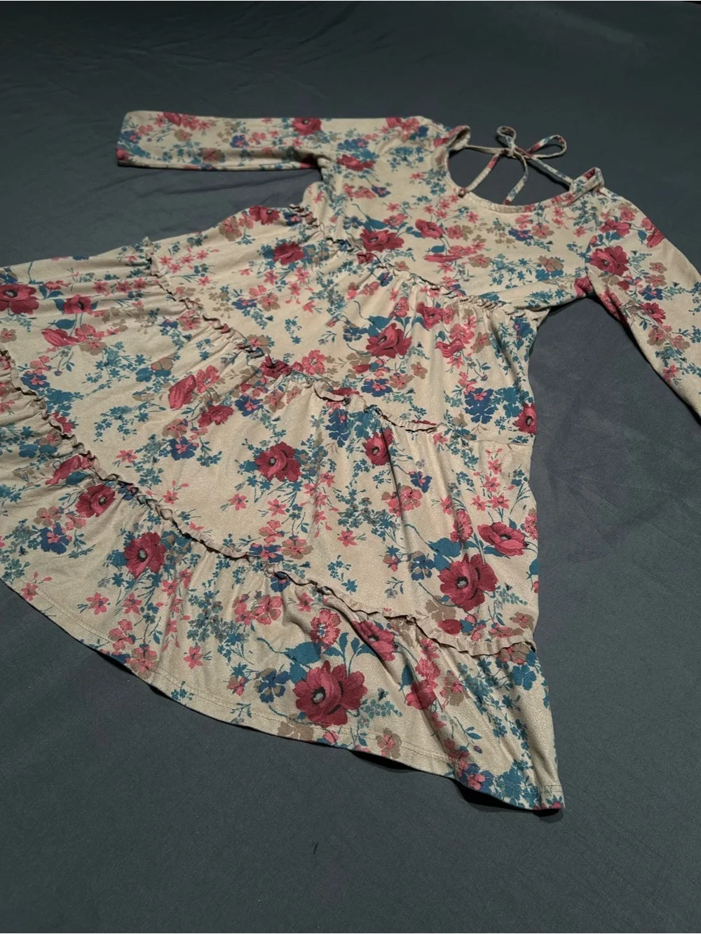 ❌SOLD❌Justice Girls Floral Tiered Faux Suede Long Sleeve Dress